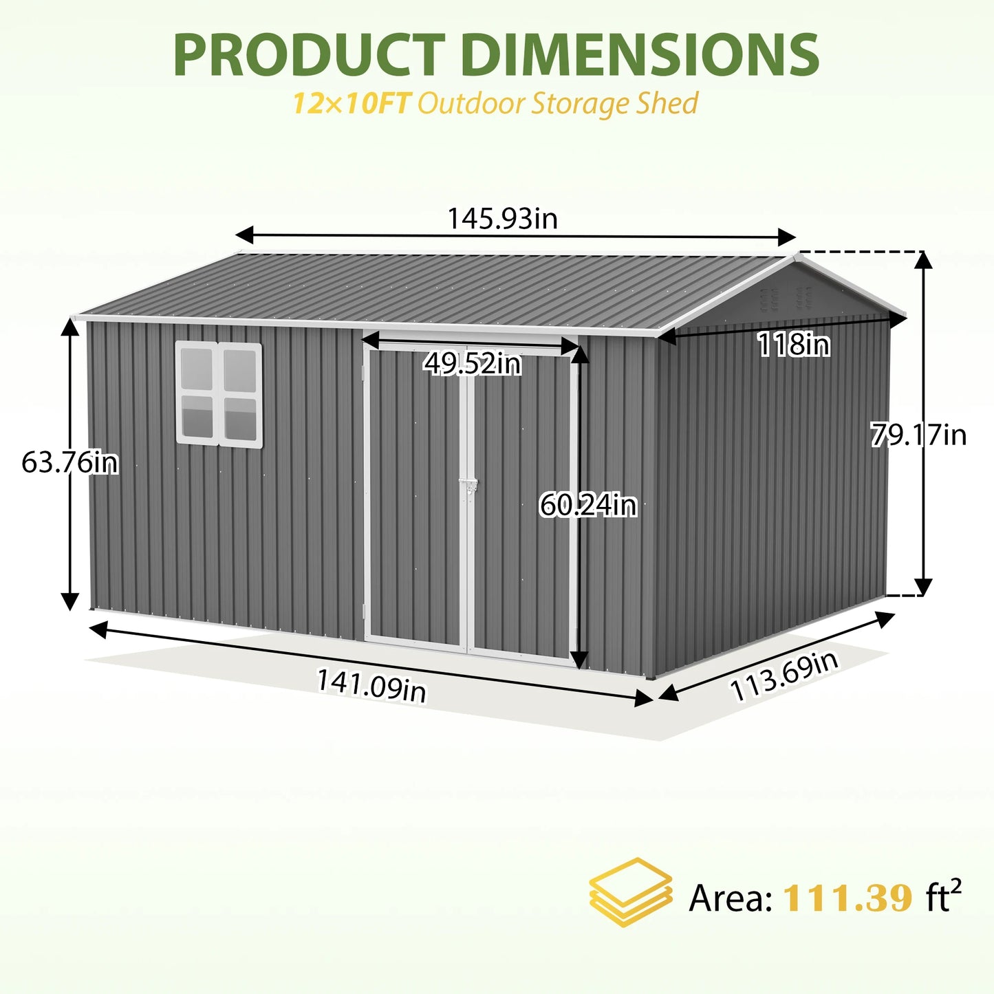 12 x 10FT Grey Metal Outdoor Storage Shed